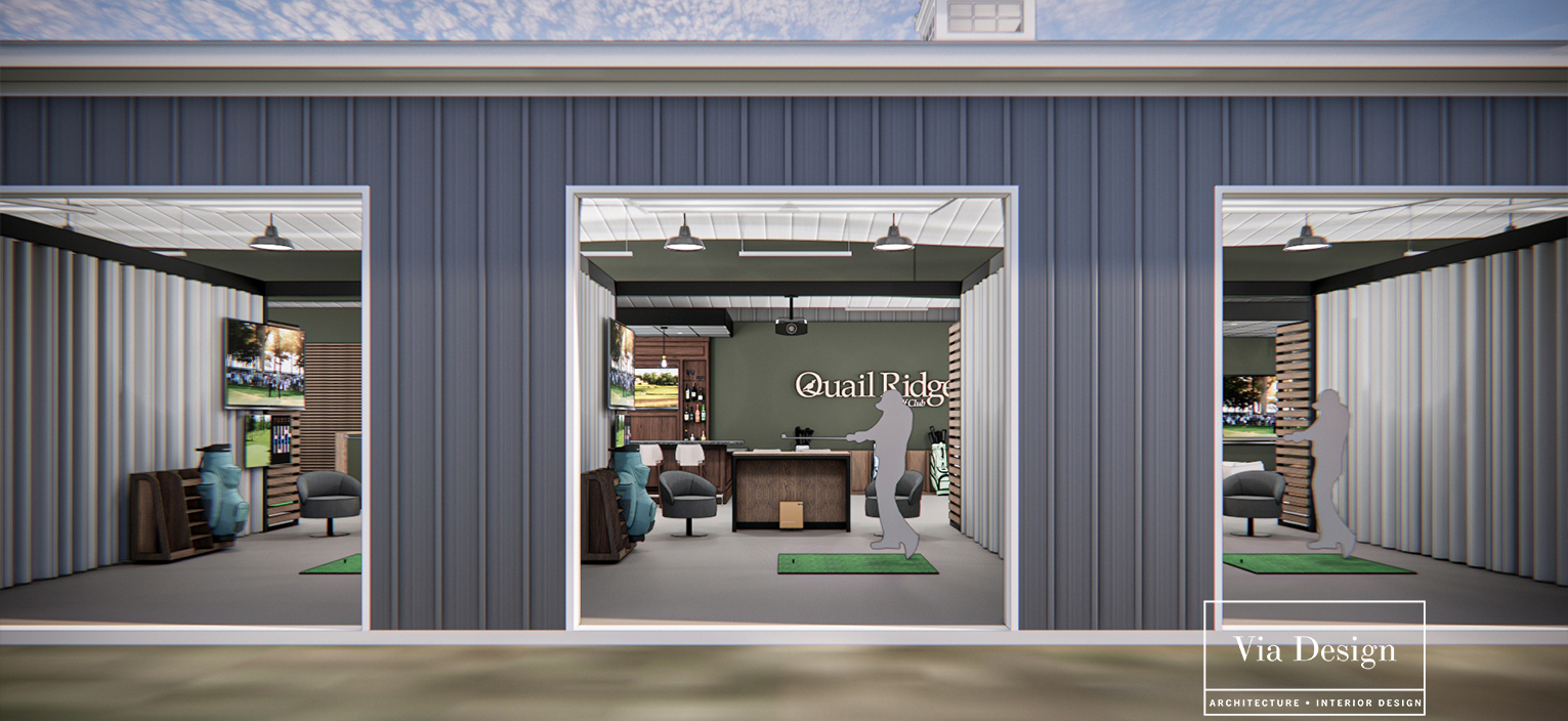 Close-up of three bays at The Nest showing the Quail Ridge wordmark and interior detail
