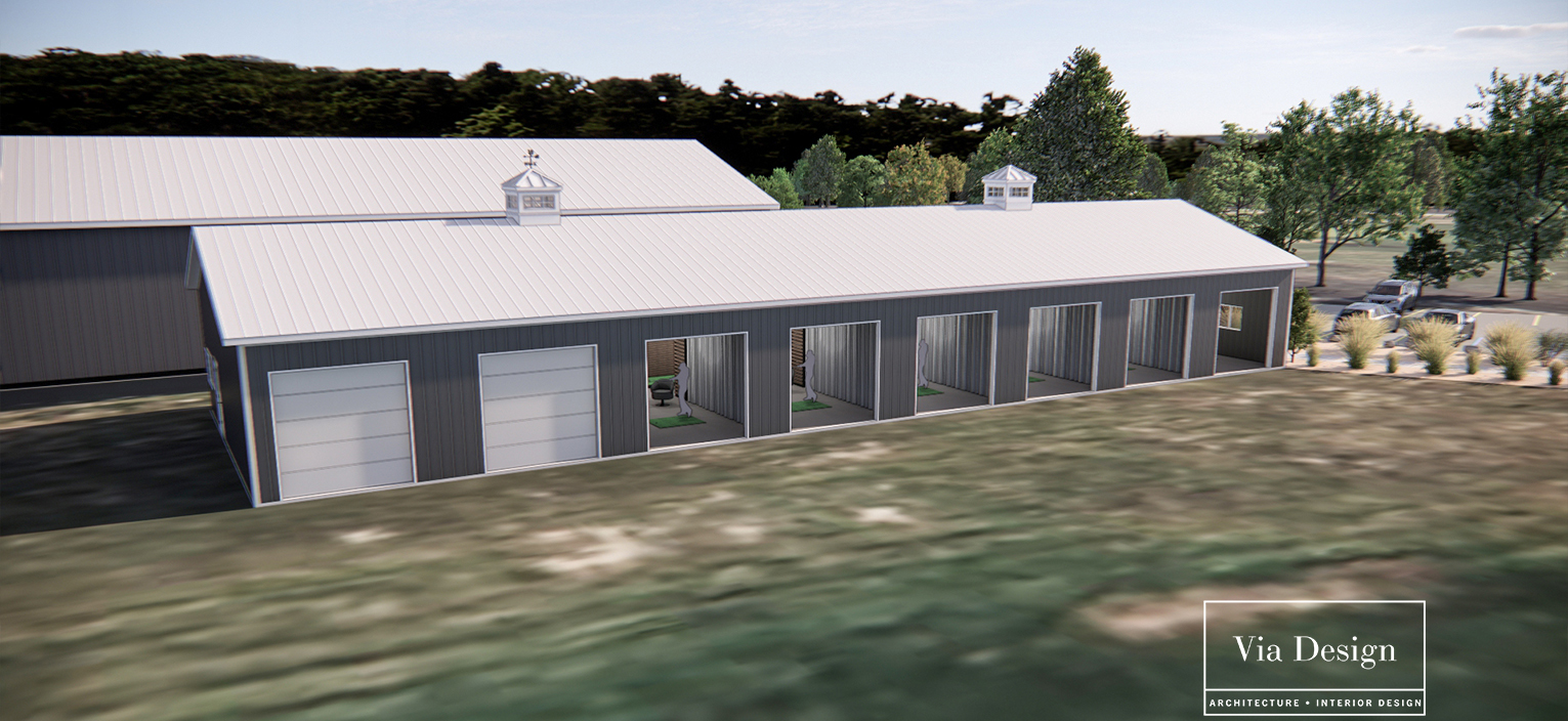 Side angle view of The Nest building showing all bay doors open