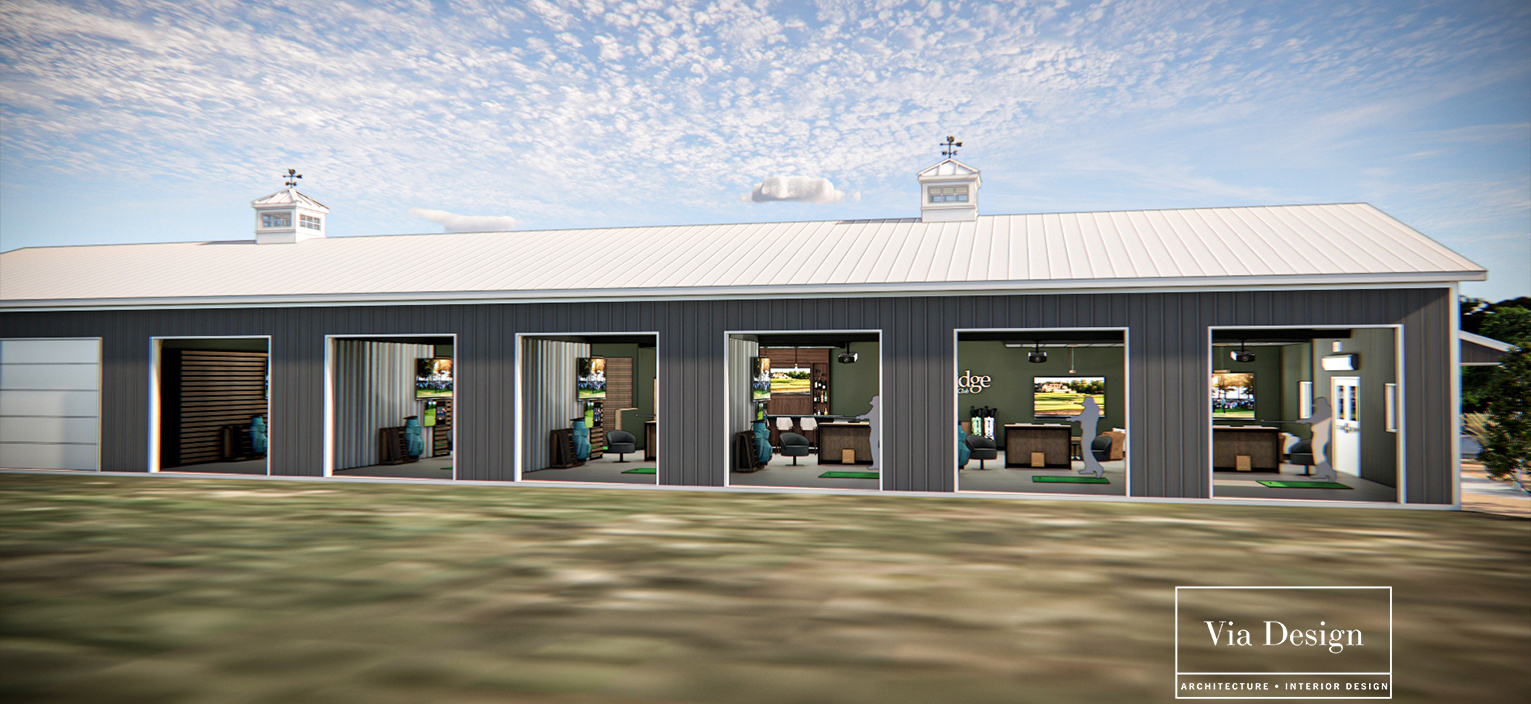 The Nest with all bay doors open onto the Quail Ridge driving range