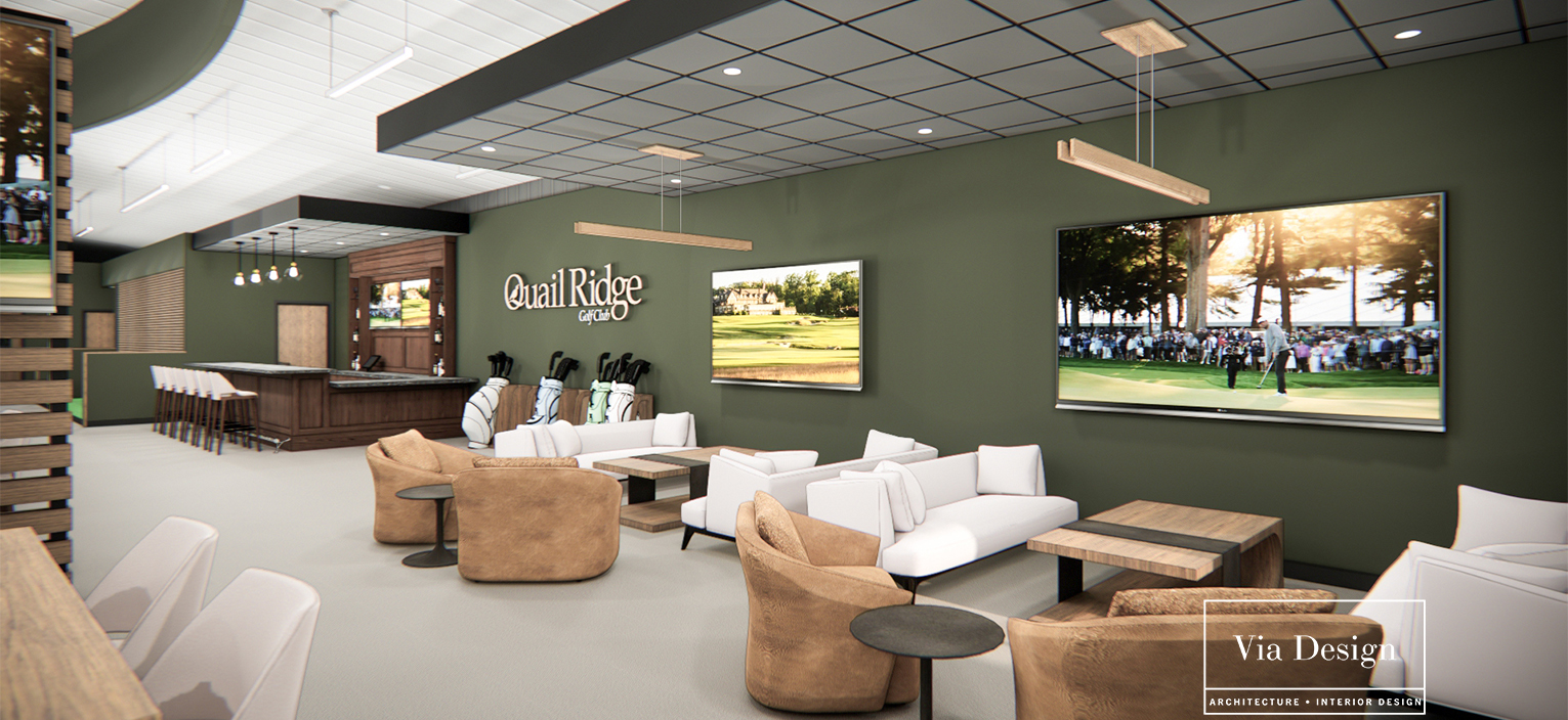 The Nest interior lounge with bar, leather chairs, and two TVs on the green wall